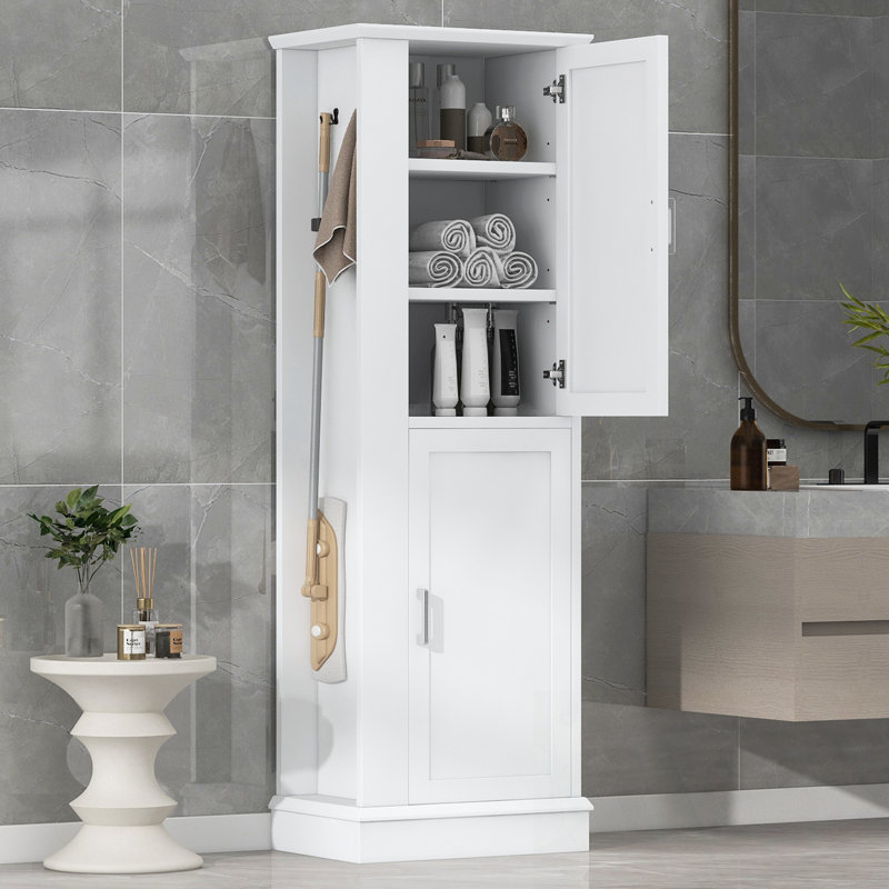 Grande armoire de rangement pour salle de bain, autoportante avec tablette et crochet réglables, portes à fermeture en douceur, panneau de fibres à densité moyenne
