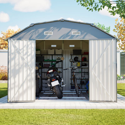 Remise de rangement extérieure grise 10 po x 12 pi, ensemble d'outils robuste en acier résistant à la rouille avec cadre de plancher