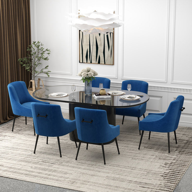Dinnington Velvet Upholstered Side Chair With Black Legs, Navy
