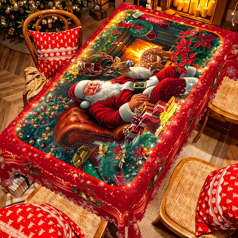1pc round/rectangular polyester tablecloth, Christmas tablecloth with pine, snowman, truck, embosed edge, Christmas decorations for dining table, festival party holiday table decoration, festival gift