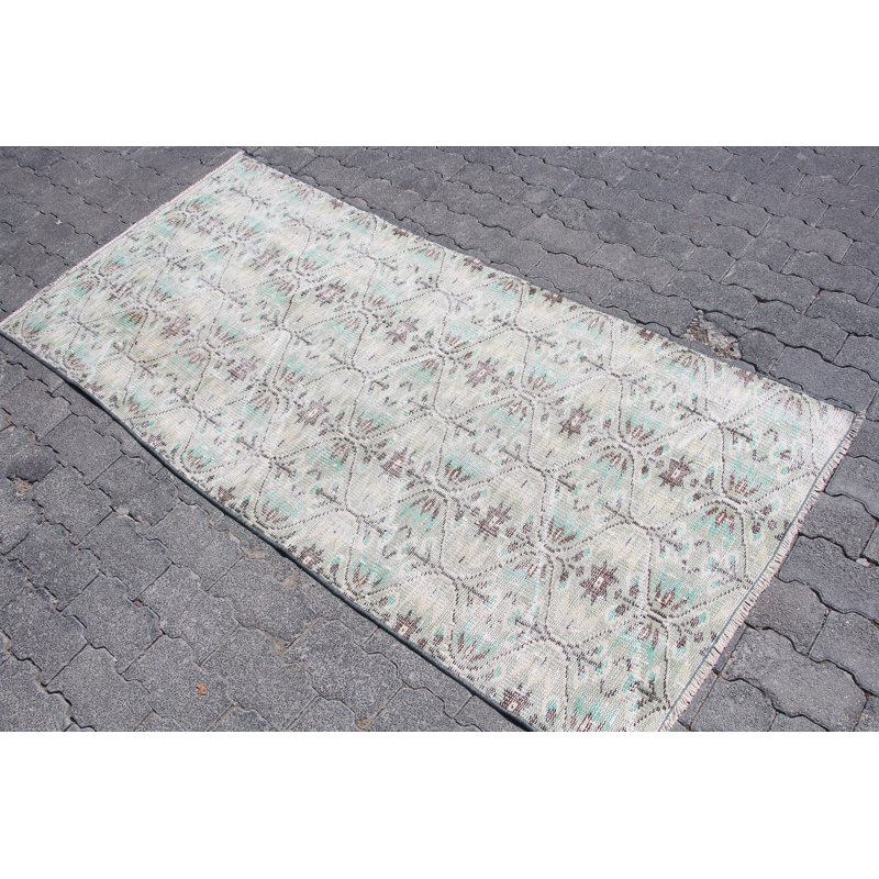 Tapis décoratif vintage turc Oushak en vert délavé - Décoration idéale pour les espaces de cuisine