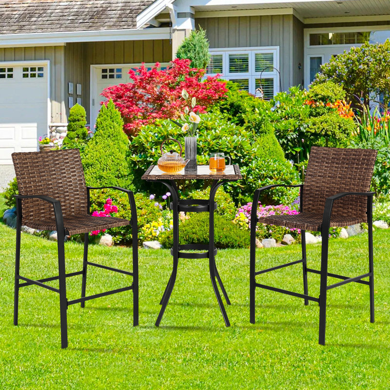 Ensemble de tabourets de bar 3 pièces en rotin, chaises de bar et table à plateau en verre