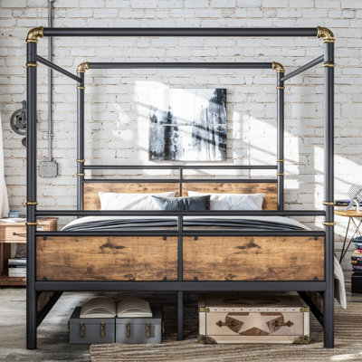 Queen Metal Canopy Bed, Round-Pipe Metal Bed Frame, Industrial Modern Design, Black