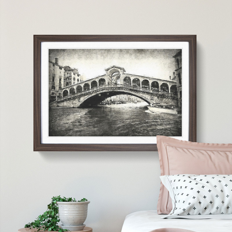 Rialto Bridge Venice Italy - Picture Frame Painting Print, 33cm H x 45cm W x 2cm D, Walnut Framed