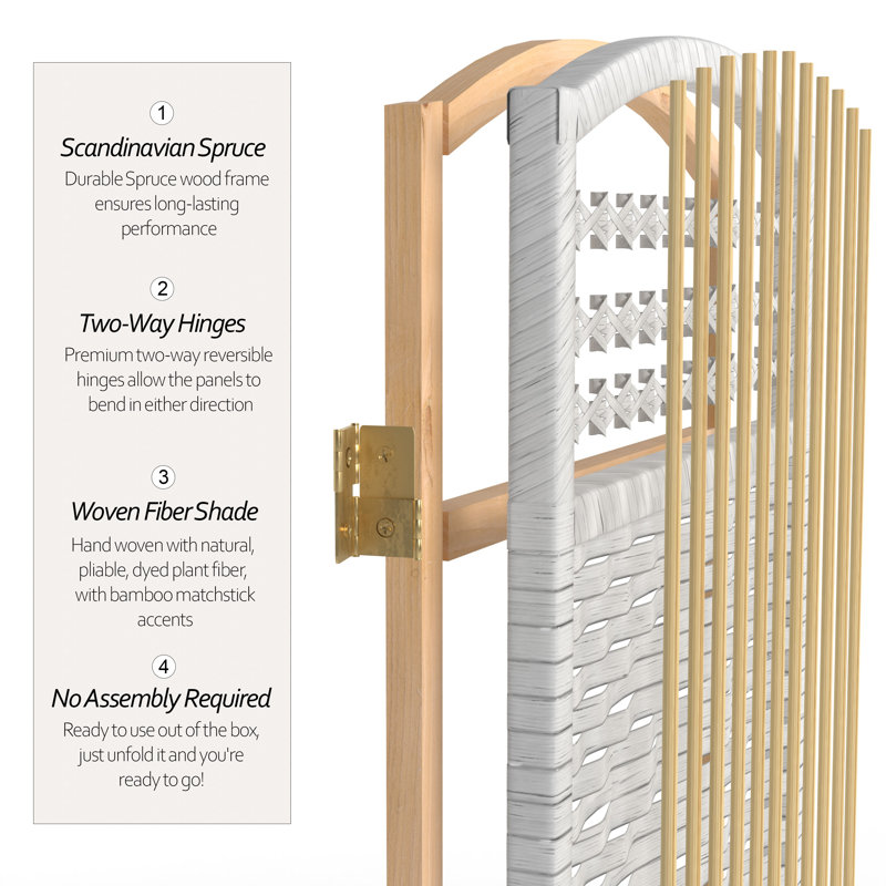 Short Fiber Weave Folding Screen, 4, White, 35.5"H