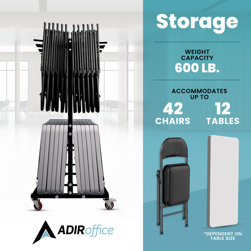 Black Steel Folding Chair and Table Storage Cart with Wheels