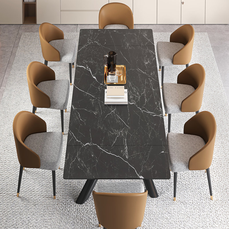 Ensemble de table de salle à manger extensible 102 po avec table en pierre frittée et 8 chaises en similicuir, Noir