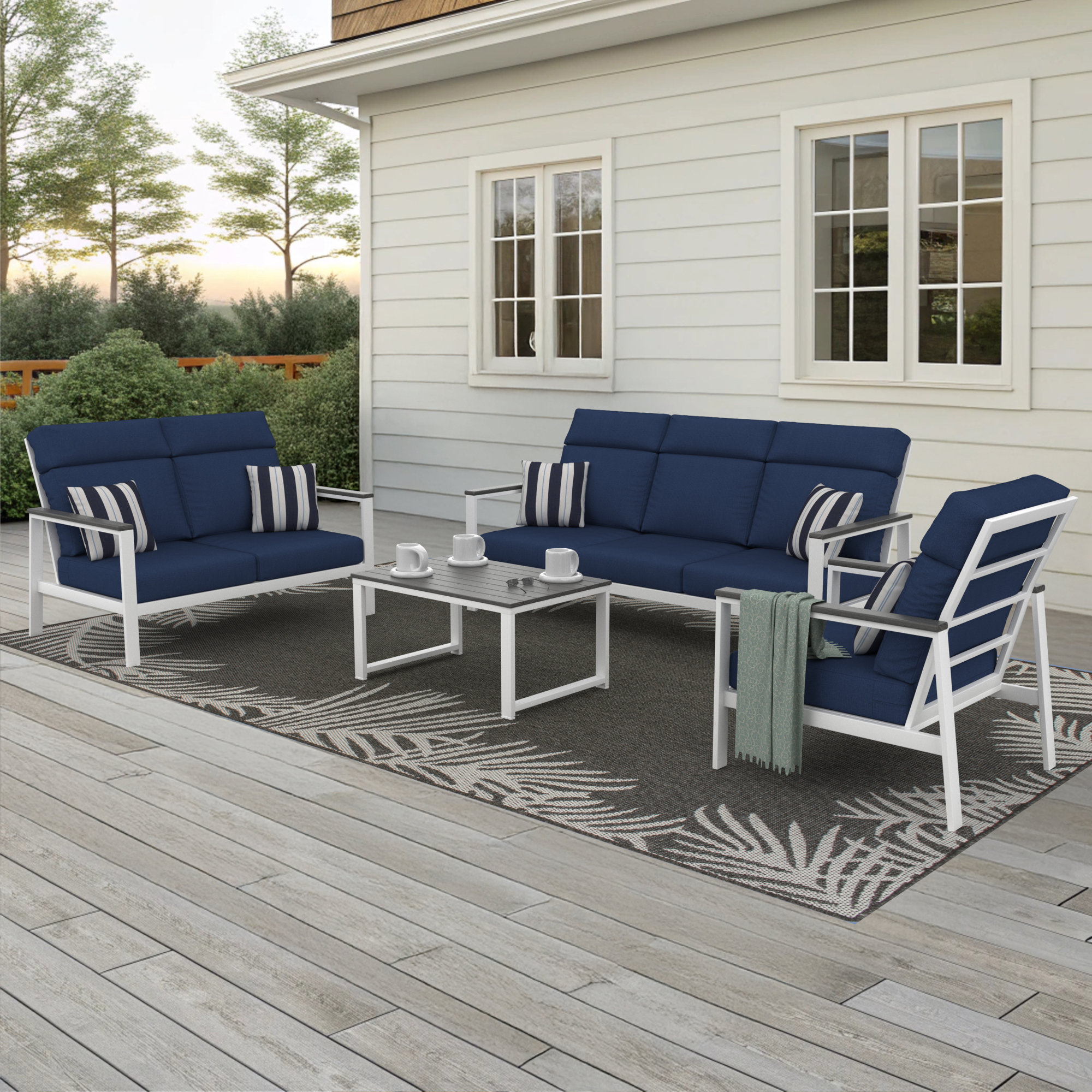 Townsend 4 Person Seating Group With Sunbrella Cushions, Canvas Navy, Gray