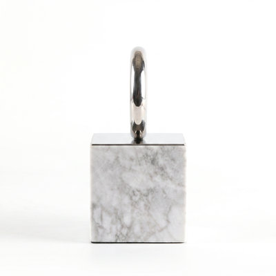 2-Piece Genuine Marble & Silver Ring Bookend Set, Modern Glam Book Ends for Heavy Books, Home Office & Living Room Shelf Decor