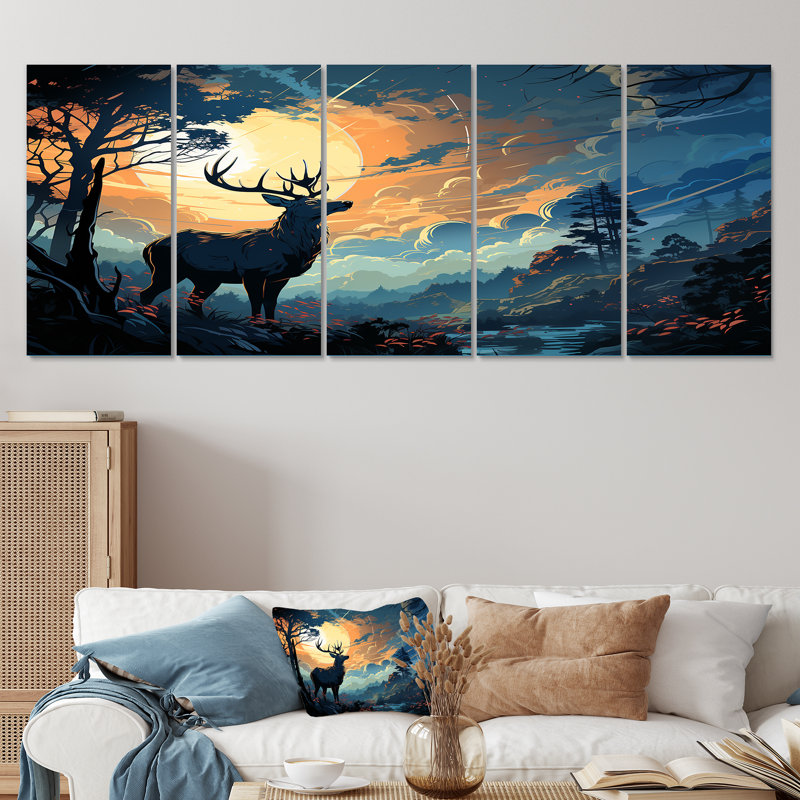 «Deer Sunset Landscape In Canada II - Deer Landscape», ensemble d'art mural 5 pièces, H 28 po x l 60 po