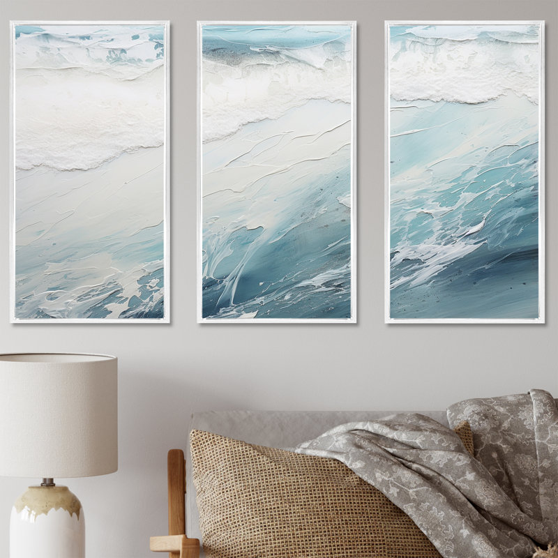 «Soft Color Minimal Beach Wave I», ensemble d'art sur toile de plage, H 28 po x l 36 po x P 1 po, Cadre flottant blanc