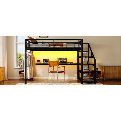 Lit mezzanine simple en métal avec bureau, escalier de rangement, lumières à DEL, charge, filets en fer, cadre antirouille, dispositif de réduction du bruit, bureau noir et multifonctionnel, fonctionnement silencieux,