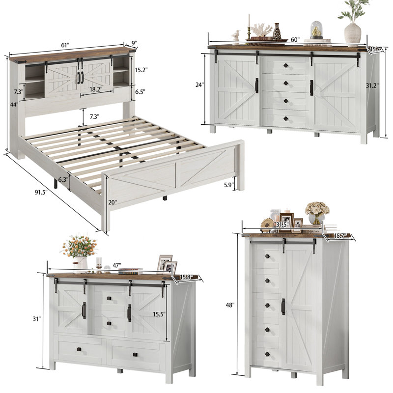 4-piece Farmhouse & Barn Door Design Bedroom Set, Queen Size, White, White/Oak, Queen