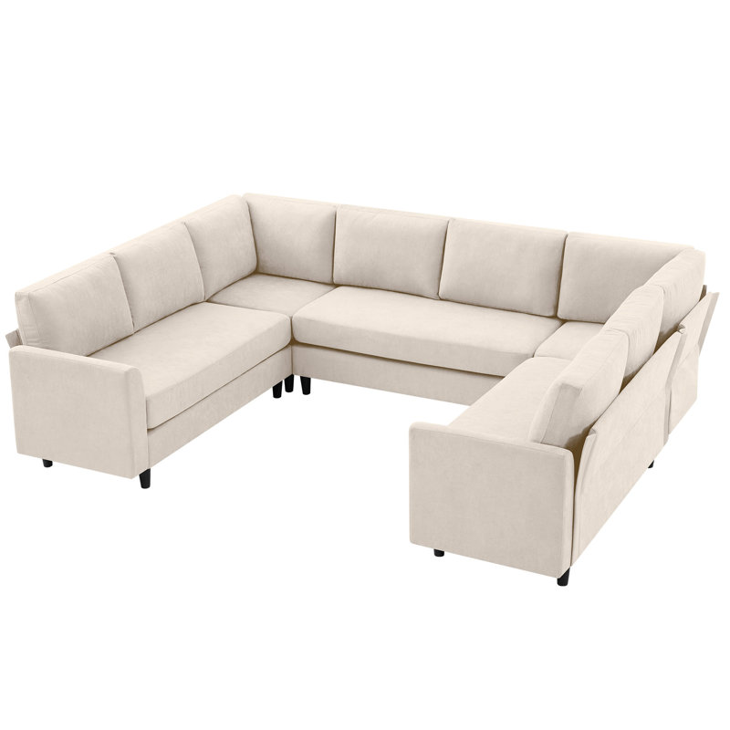 Dorch 107.3" Sectional Sofa With Armrest Black Legs And Moveable Ottoman Seater For 8, Beige Fabric