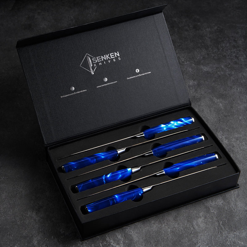     Ensemble de couteaux à steak en acier inoxydable à haute teneur en carbone 6 pièces «Cerulean» Senken Knives avec motif de lame damas et poignées en résine époxy