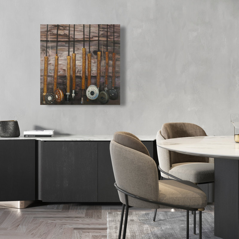 Canne à pêche sur toile de bois - art mural de salon brun, H 24 po x l 24 po