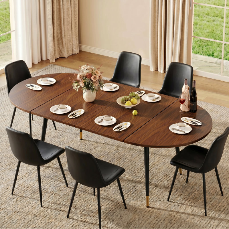 Ensemble de salle à manger extensible 7 pièces avec chaises rembourrées Mid-Century, Noir