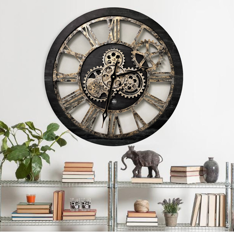 Vintage Black 24-Inch Industrial Wall Clock with Moving Gears