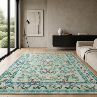 9x12 ft Washable Area Rug for Living Room - Large Botanical Leaf Print Carpet, Soft Velvet Pile, Non-Slip TPR Backing, Machine Washable, Light Green