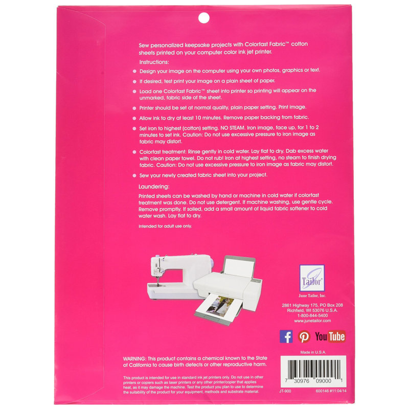 Feuilles de tissu à coudre pour imprimantes à jet d'encre June Tailor, blanc, 3 pièces (paquet de 1)