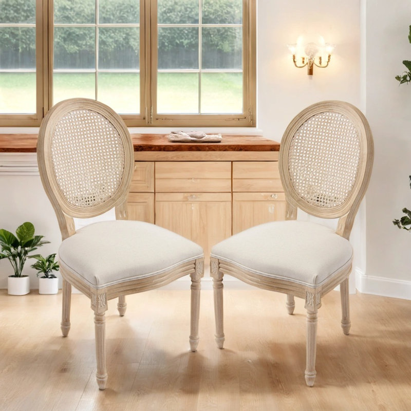 Chaise de salle à manger moderne 2 pièces avec structure en bois massif et dossier en rotin naturel