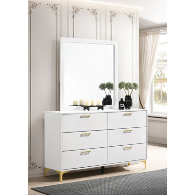Commode en bois manufacturé à 6 tiroirs avec miroir 58,5 po Bierly
