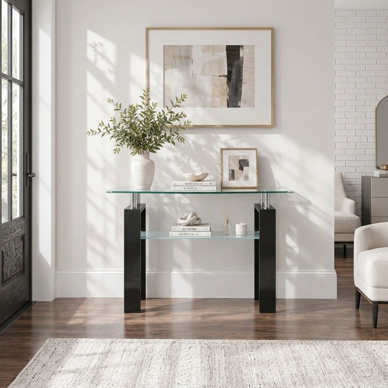Console en verre de 120 cm (47,24 po) avec tablettes à deux niveaux en verre trempé et structure en métal, Black