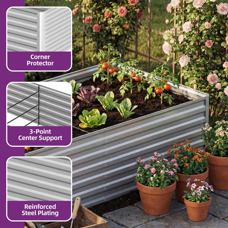 Galvanized Raised Garden Bed With Gloves, 24" H x 72" W x 36" D, Silver