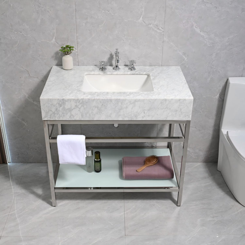 Meuble-lavabo de 36 po en marbre de Carrare naturel avec lavabo, structure en acier inoxydable argenté et tablette en verre