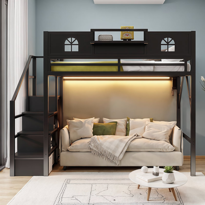 Lit mezzanine AVELOR en métal noir avec escalier et garde-robe encastré, grand lit mezzanine pour économiser de l'espace pour les adolescents avec garde-corps et rangement