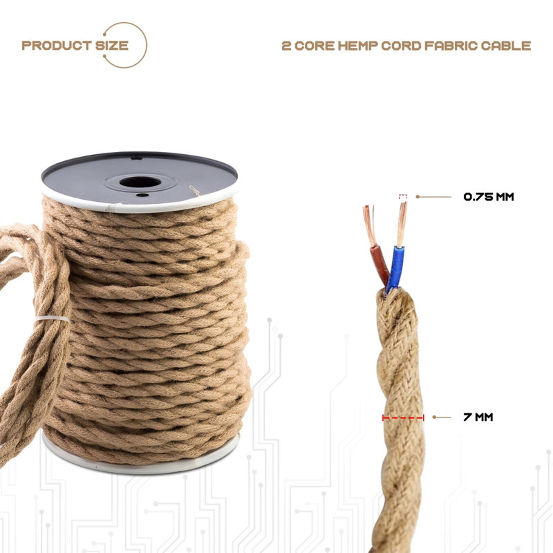 2Core Twisted Vintage Coloured 0.75Mm Braided Fabric Flexible Electrical UK Lighting Wire Cord / Cable, Hemp