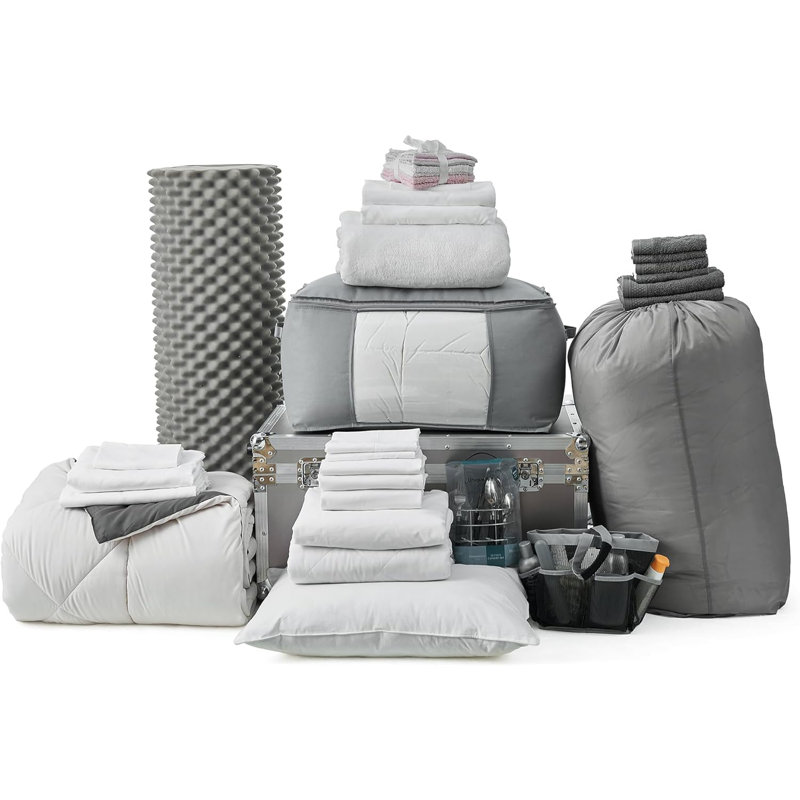 Twin XL Off-White and Gray Microfiber Bed in a Bag Set