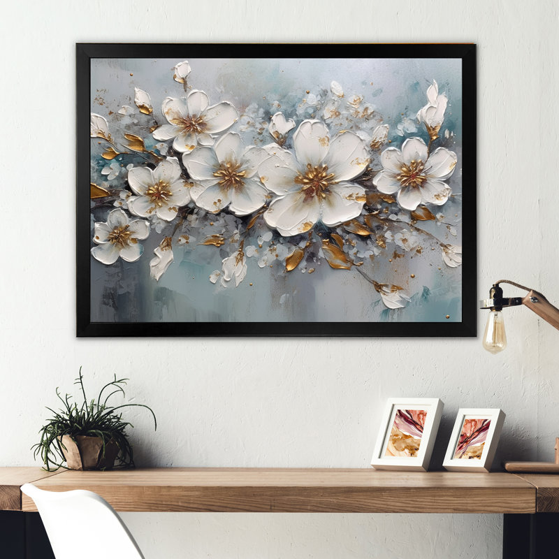 «Romari White and Gold Daisy Symphony III», reproduction sur toile encadrée, Cadre noir, H 30 po x l 40 po x P 1,5 po