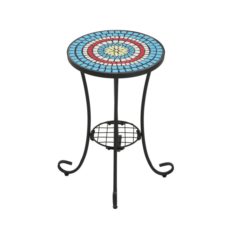 Stunning Side Table With Shelf For Patio, Blue+black Ceramic Tile, Iron Construction, 14"x14"x22.23", Scratch Blue And Black Tile Shelf, Structure, Stylish Practical