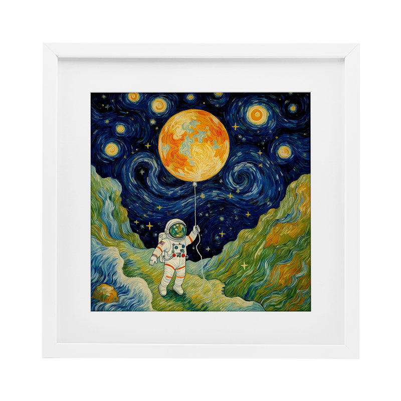 Impressionnant astronaute impressionniste dans l'espace, reproduction sous verre, design par Angie Hawke, H 16 po x l 16 po