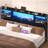Storage Headboard with LED Lights, Bookcase Headboard with Charging Station-1740395107-1740395104