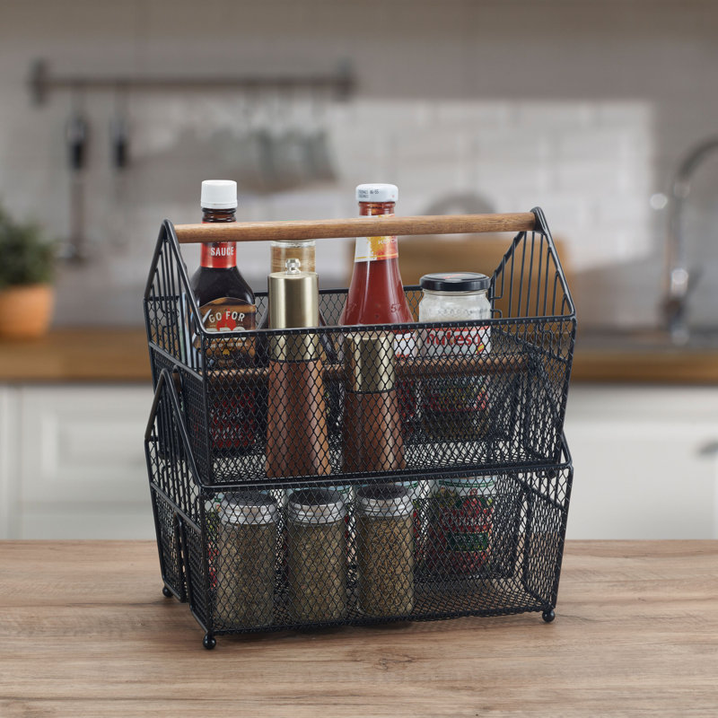 Black Carbon Steel and Acacia Wood Stacking Basket