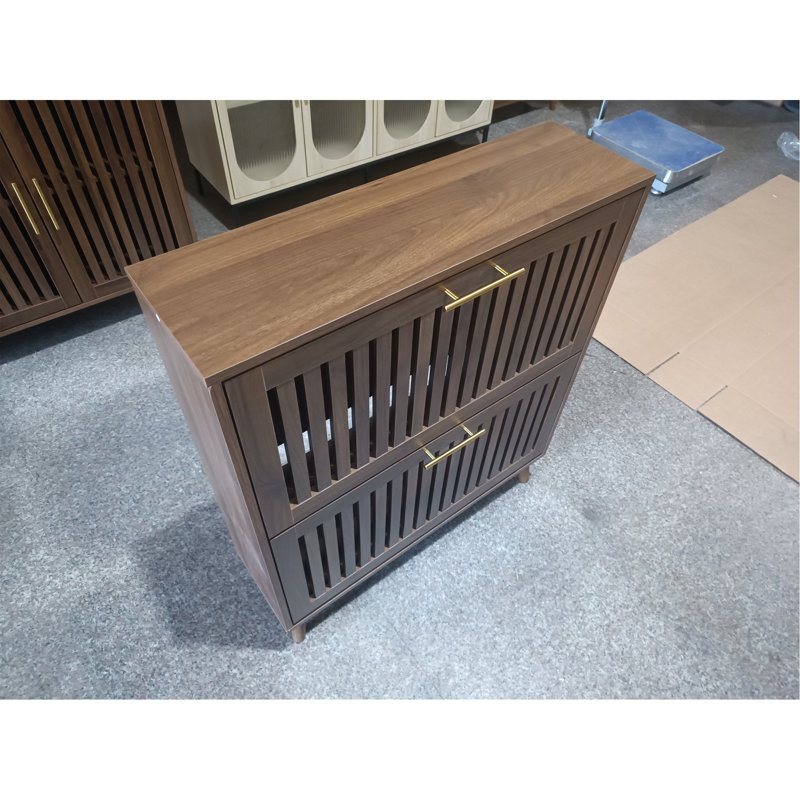 31.5-Inch Walnut Shoe Storage Cabinet, Medieval Modern Independent Shoe Cabinet, Fence Shoe Cabinet With 2 Flip Drawers, Suitable For Corridors And Entrances