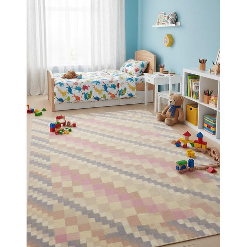 Tapis indien multicolore à motif géométrique 5 pi 8 po x 8 pi 4 po Dhurrie