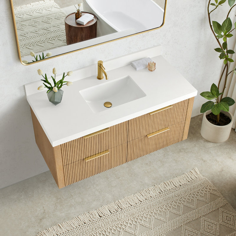 Alpharetta 48" Floating Single Bath Vanity in Washed Ash Grey with White Quartz Stone Top, Washed Ash Gray/Brushed Gold