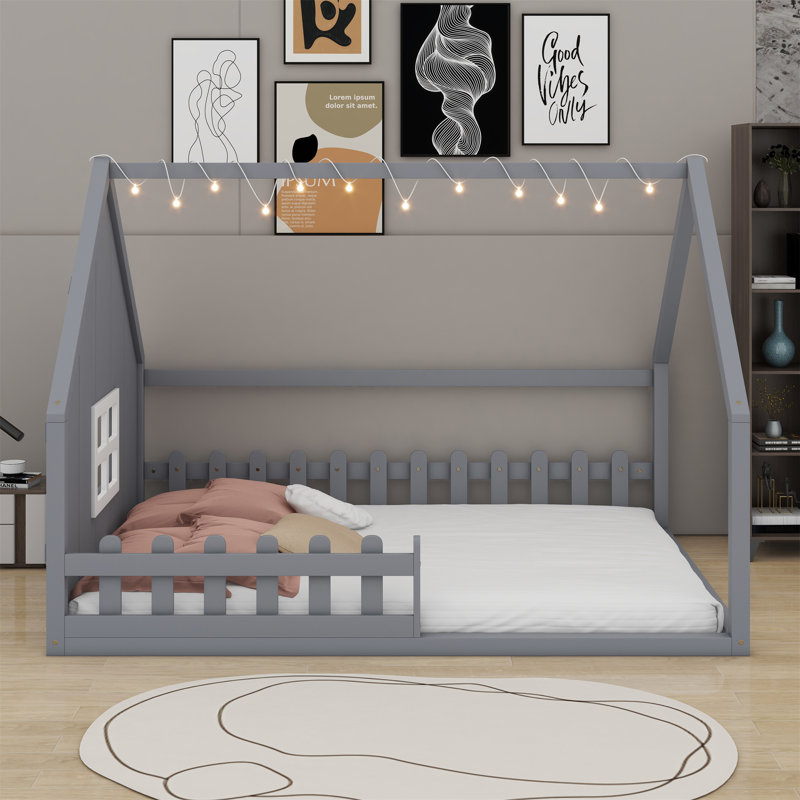Lit maison avec fenêtre et clôture, DEL, Gris