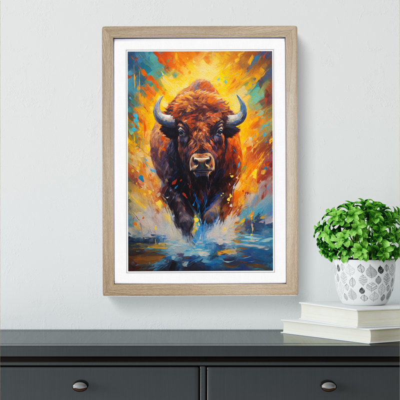 Buffalo Impressionism Art - Framed Print, 46cm H x 34cm W x 2cm D, Oak Framed