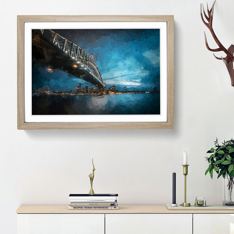 Sydney Harbour Bridge in Australia in Abstract - Picture Frame Graphic Art Print, 27cm H x 36cm W x 2cm D, Oak Framed