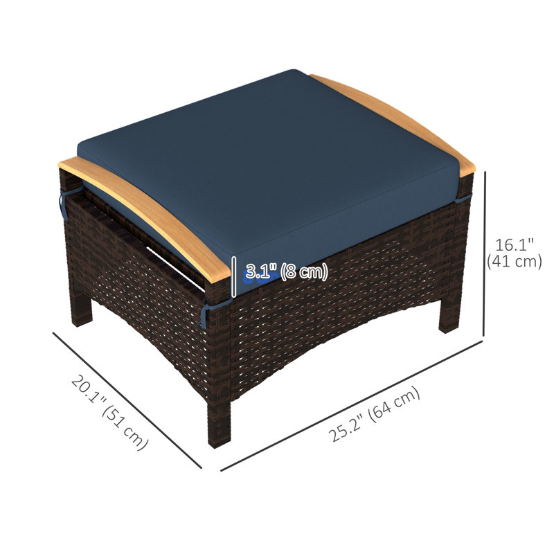 2 Pieces Wicker Outdoor Ottoman Footstool, Removable Cushion, Blue