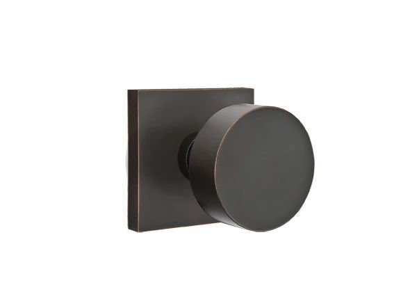 Ensemble de mortaise intérieure Emtek avec rosette carrée et bouton rond (gauche), Bronze frotté à l'huile