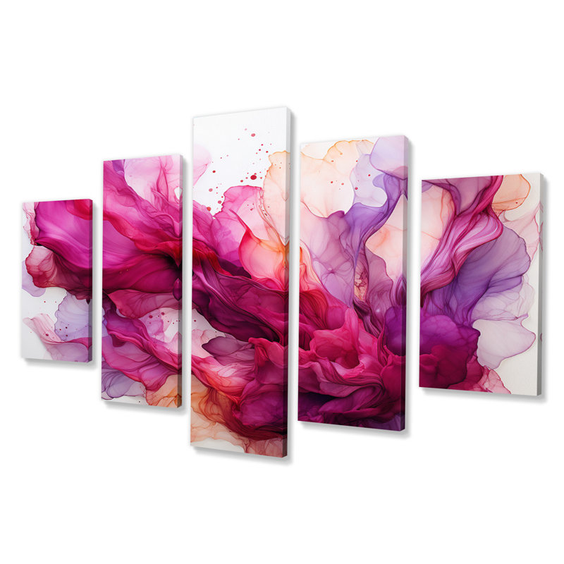 «Blossoming Magenta Bliss Ink Cloud Watercolor IV», reproduction sur toile abstraite - 5 panneaux