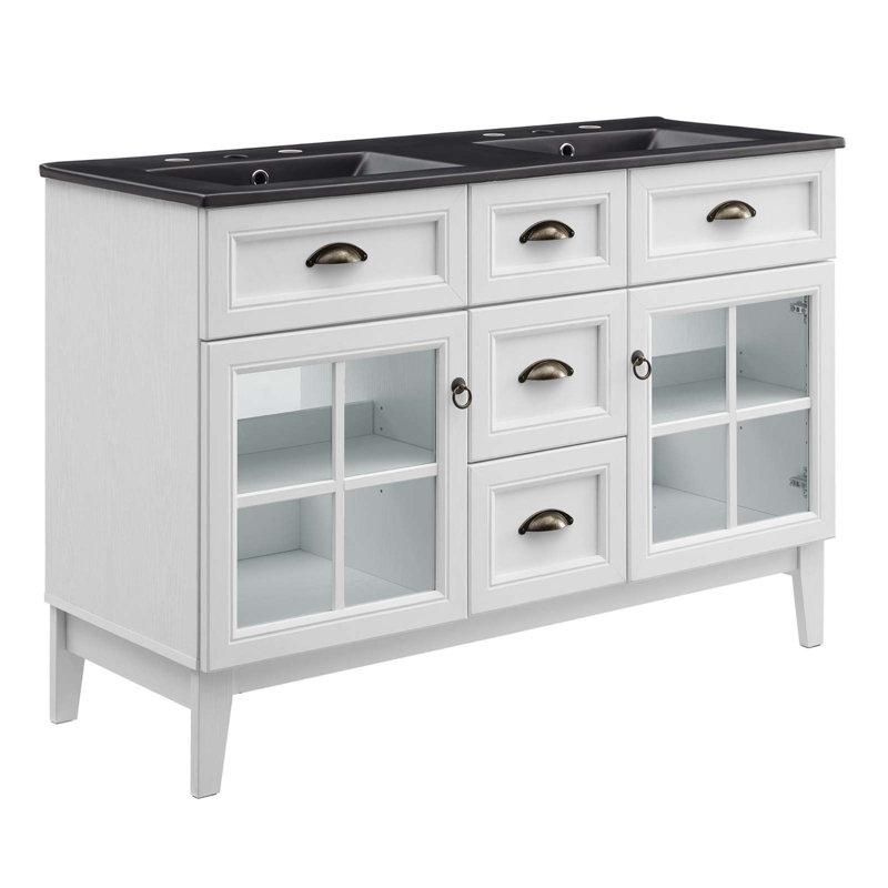 Isle 48" White and Black Double Bathroom Vanity Cabinet