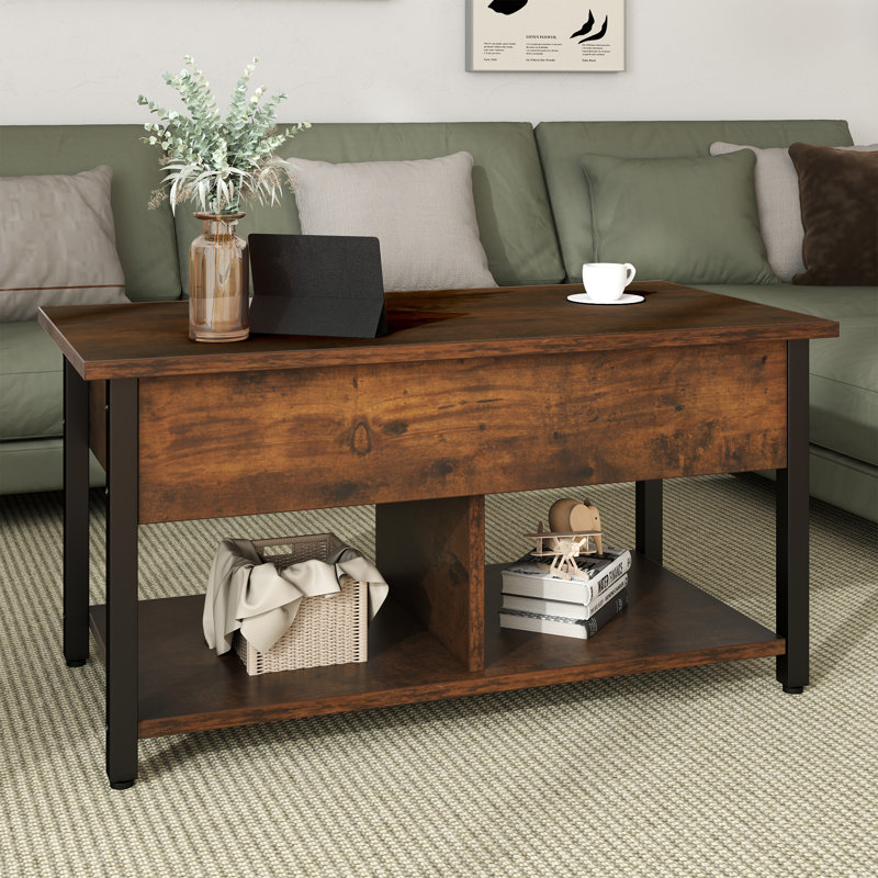 Modern Farmhouse Rectangular Lift-Top Coffee Table with Hidden Storage and Open Shelf