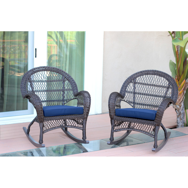 Chaise berçante en osier avec coussins Berchmans, Espresso, Bleu