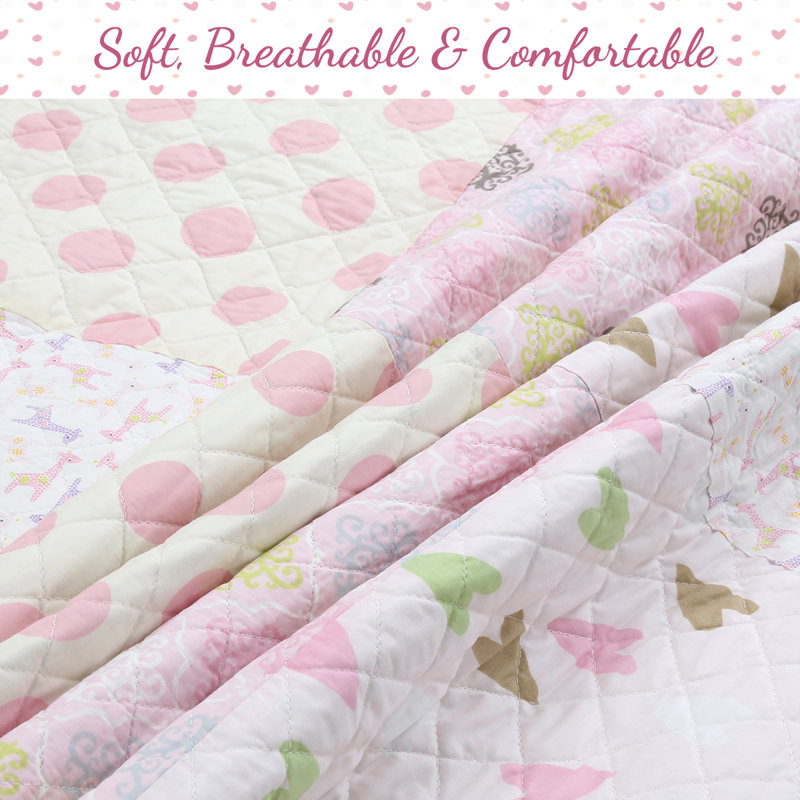 Pink Hearts and Polka Dots Cotton Twin Reversible Quilt Set